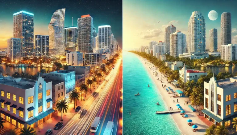 Comparison of Brickell's urban skyline with Miami Beach's serene coastal scene, showcasing their contrasting lifestyles