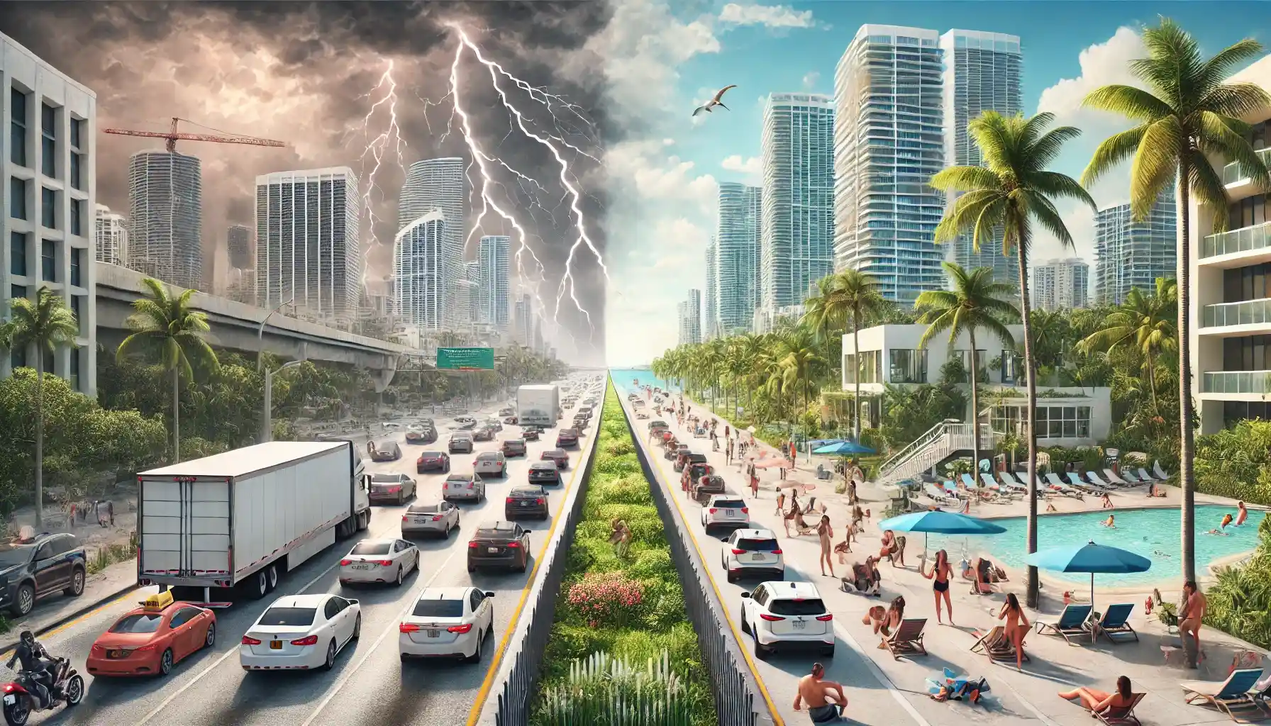 Balanced view of Miami showcasing challenges like traffic and vibrant sunny beachfront living.