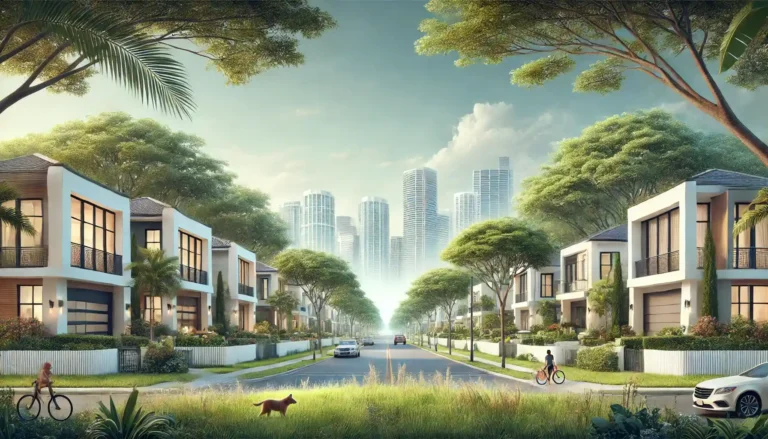 Miami neighborhood with tree-lined streets, elegant homes, and a serene park atmosphere