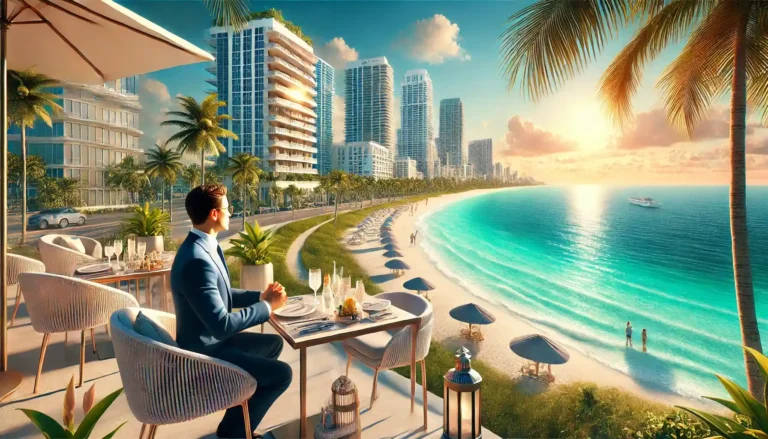 Miami Beach with turquoise waters, luxury beachfront condos, and a professional enjoying outdoor dining