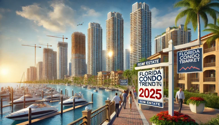 The scene includes people walking by marinas, real estate signs, and luxury condos, highlighting growth and development in the real estate industry.