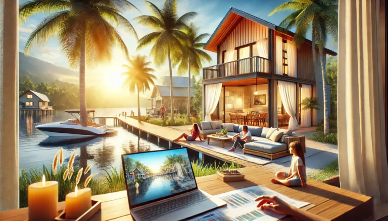 A realistic image of a vacation home by the water, featuring a cozy house with a spacious deck, surrounded by palm trees and a serene waterfront view. The scene includes a family enjoying their time, reflecting the warmth, relaxation, and lifestyle appeal of owning a vacation home