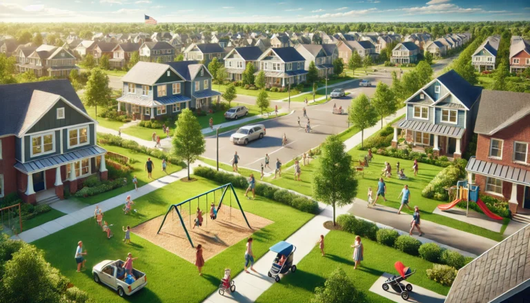 highly realistic image of a family-friendly city in the U.S., featuring a suburban neighborhood with well-maintained houses, a park where children are playing on swings, and parents walking strollers.