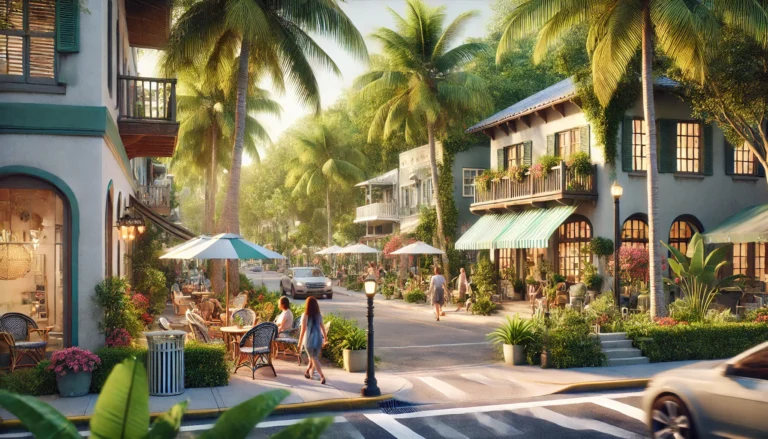 small town near Miami, featuring a cozy main street with small shops and cafes, tropical greenery, and palm trees. People are walking leisurely, with a tranquil neighborhood of charming homes in the background, reflecting a peaceful and community-focused lifestyle