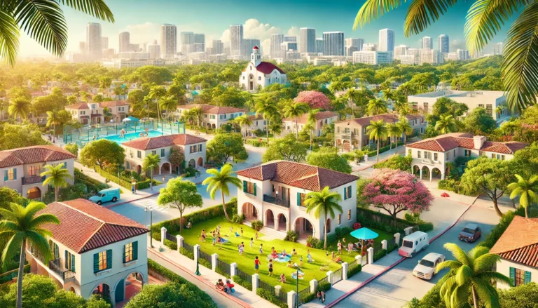 DALL·E 2024 12 27 21.44.08 A highly realistic horizontal blog style image of family friendly Miami. The scene includes Mediterranean style homes in Coral Gables with tree lined