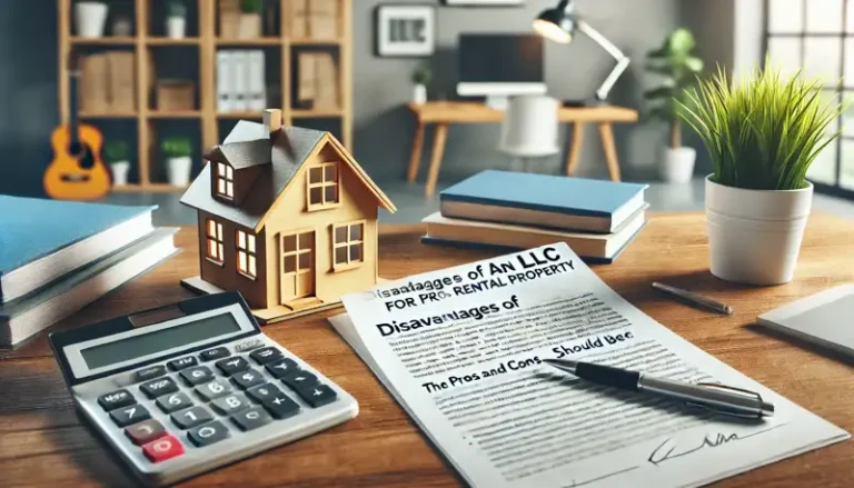 Desk with an LLC agreement document, calculator, pen, and miniature house model, set in a professional home office with a blurred bookshelf background.