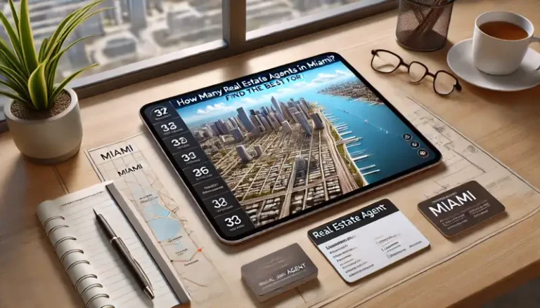 Modern desk with a tablet showing a detailed map of Miami, business cards labeled 'Real Estate Agent,' and a notepad with names, set against a sunny Miami skyline with palm trees.