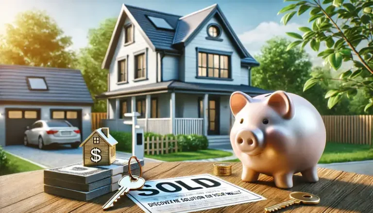 Modern house with a 'Sold' sign in the yard, a piggy bank and house key on a table in the foreground, set against a bright, clear sky