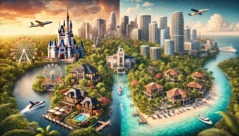 comparing Orlando's detailed theme parks and suburban charm with Miami's pristine beaches and vibrant skyline