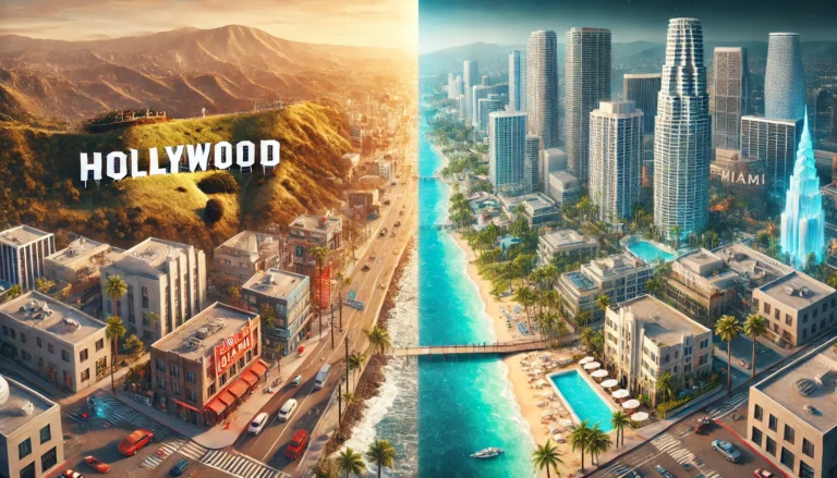 DALL·E 2025 01 03 02.43.24 An ultra realistic horizontal illustration for a blog comparing Miami and Los Angeles. The left side depicts Los Angeles with iconic Hollywood elemen